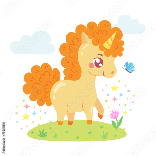Little cute unicorn with a ginger mane standing in the meadow with butterfly and flower. Magical hand drawn horse. Cartoon character for invitation, poster, sticker, print and greeting card. Childish