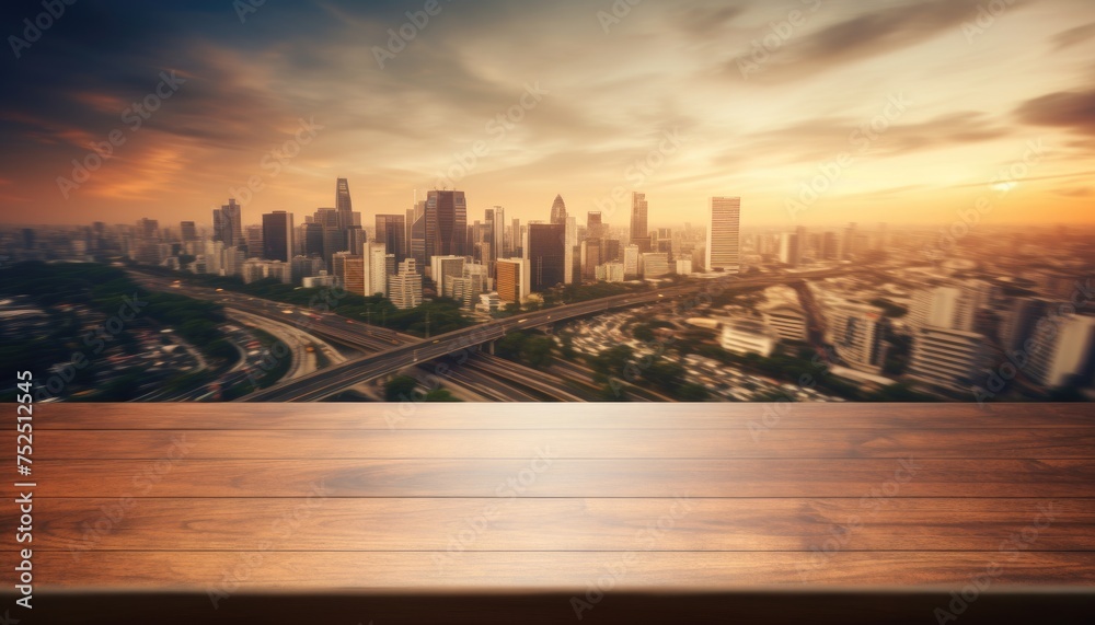 Wooden Table Top and Blurred City Traffic at Sunset Wooden Table Top and Blurred City Traffic at Sunset