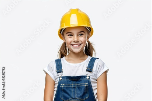 A young girl wearing a yellow safety helmet and overalls is smiling