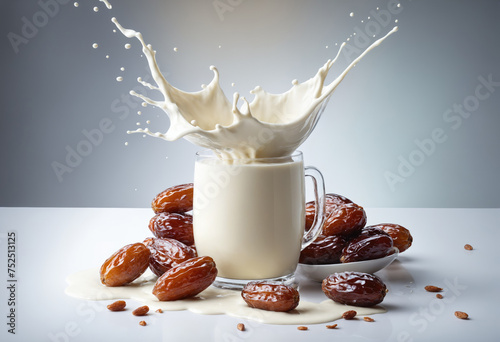 Ripe Dates Falling Into a Glass of Splashing Milk on a Bright Background. photo