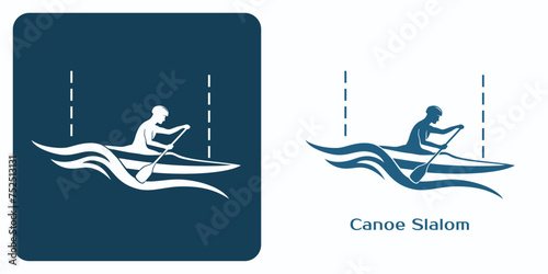 Canoe slalom icons. Emblem of Athlete in kayak paddling and navigating through waves and slalom gates. photo