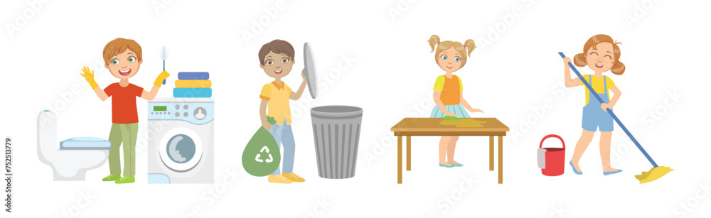 Kid Character Doing Housework and Helping with Chores Vector Set Kid Character Doing Housework and Helping with Chores Vector Set
