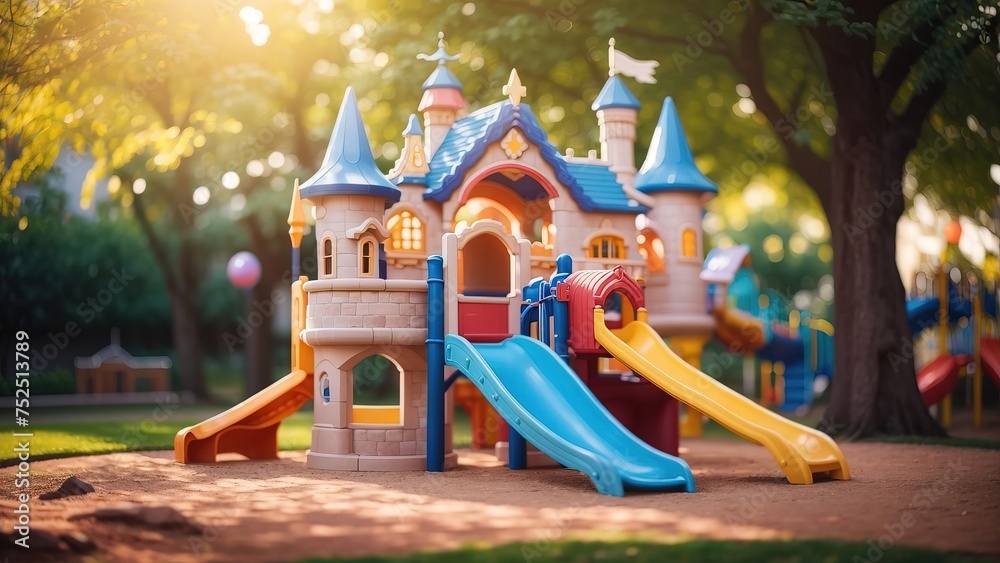 Children's playground with slide and fantasy castle house - obrazy, fototapety, plakaty 