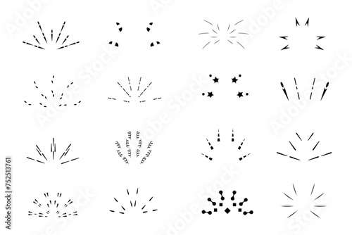 Doodle hand drawn radial line rays, explosions and fireworks. Doodle hand drawn shine sunburst line sparkles, explosions and rays. Hand drawn pop surprise frame. Doodle brush ornament lines vector