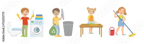 Kid Character Doing Housework and Helping with Chores Vector Set