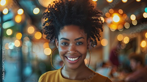 Smiling woman with a bokeh background in a cozy ambiance.