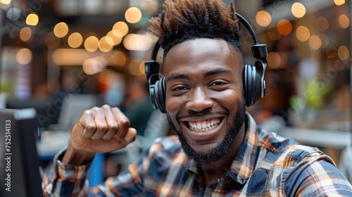 Happy young man with headphones celebrating in a cafe.
