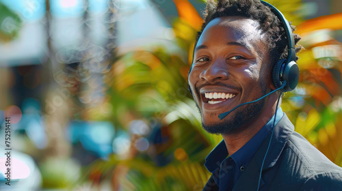 Smiling man with headset outdoors, customer service concept.