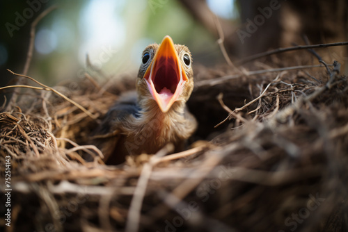 Hungry bird nestling in nest with wide open mouth waiting to be fed