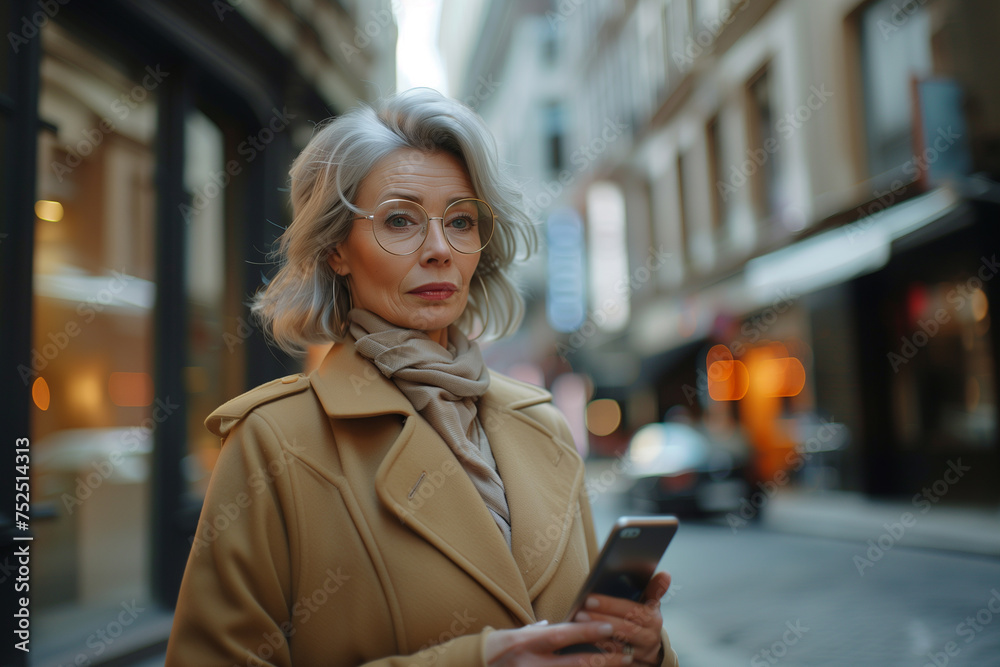 middle-aged blonde woman with glasses uses a smartphone on a city street