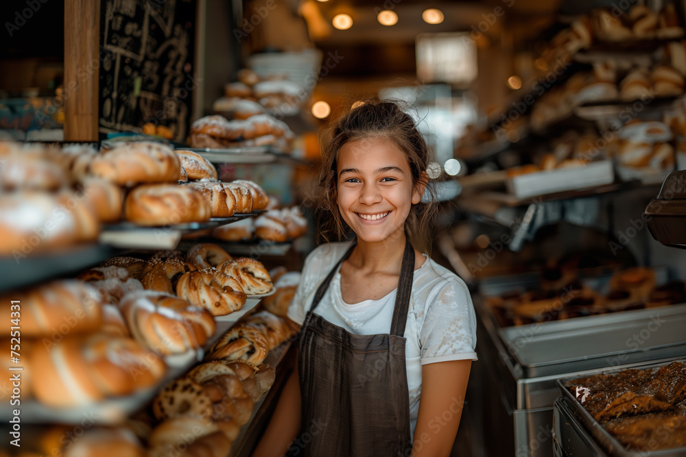 happy young girl baker standing at the bakery counter with fresh baked goods, small business concept