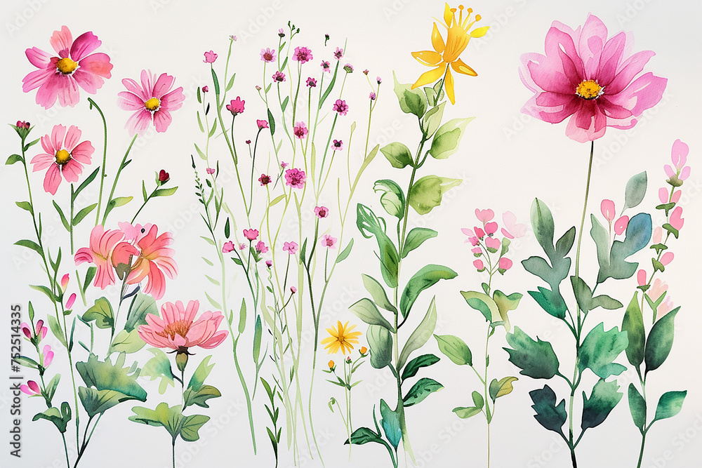Set of botanic elements. Wildflowers, herbs, leaf garden and wild foliage, flowers, branches. Vector illustration isolated on white background, eucalyptus, exotic, tropical plants watercolor Set of botanic elements. Wildflowers, herbs, leaf garden and wild foliage, flowers, branches. Vector illustration isolated on white background, eucalyptus, exotic, tropical plants watercolor