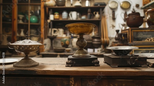 unique shop with antique scales from the 19th century with ornate metal bowls, shop background,