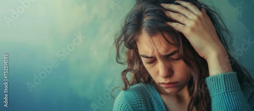 Caucasian woman in distress with her face buried in her hands feeling overwhelmed and stressed photo