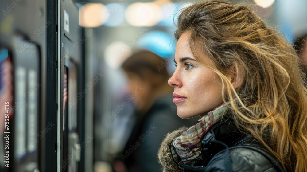 Woman using a vending machine in a public space. Woman using a vending machine in a public space.