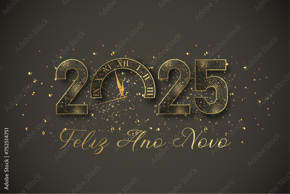 Cartão ou faixa de cabeça para desejar um feliz ano novo 2025 em cinza e ouro O 0 é substituído por um relógio em um fundo cinza com glitter dourado 

