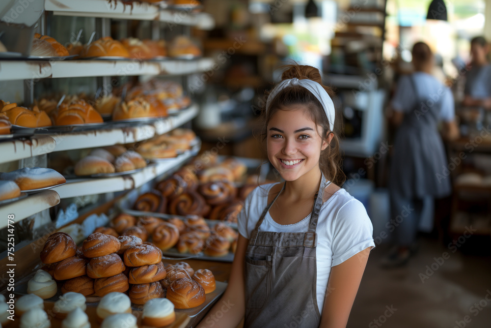 happy young girl baker standing at her bakery happy young girl baker standing at her bakery