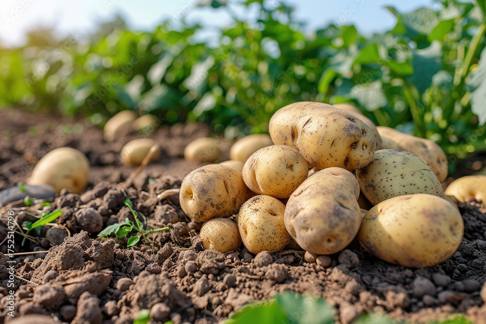 Pile of ripe potatoes on ground in field Pile of ripe potatoes on ground in field