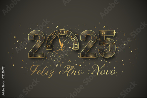 Cartão ou faixa de cabeça para desejar um feliz ano novo 2025 em cinza e ouro O 0 é substituído por um relógio em um fundo cinza com glitter dourado 
