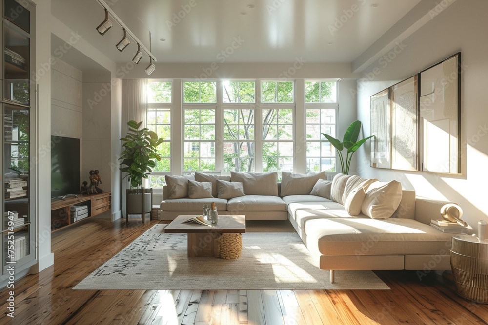Beautiful living room with hardwood floors and couch.
