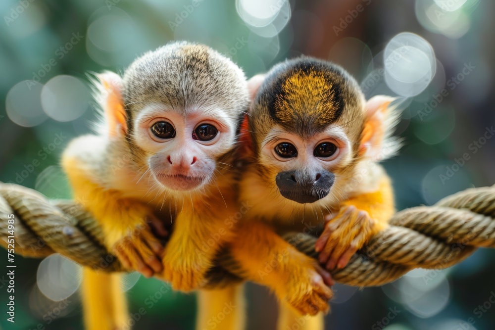 Fototapeta premium Adorable squirrel monkeys with expressive eyes cling to a rope against a bokeh background, looking at the camera