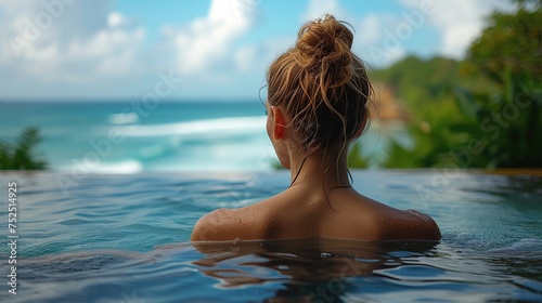 A beautiful woman swims in the pool with a view of the sea