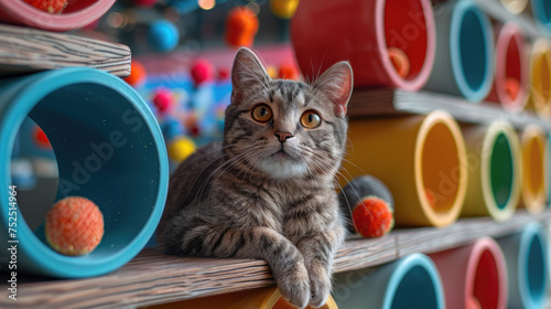 Generative AI, cats interactive play zone with toys, pets hotel concept photo