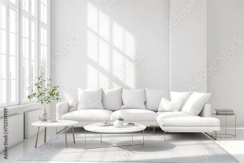 Interior design of modern apartment with bright sofa  table home plants and decoration. Interior mockup. Scandinavian interior design. Generative AI