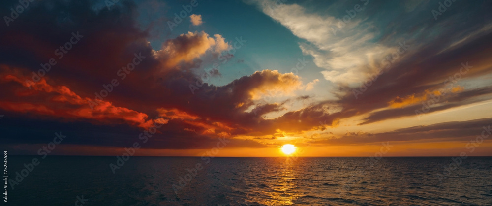 Dramatic natural sky, round sun on the sea, red clouds, sunset. Scenery. Panorama. - obrazy, fototapety, plakaty 