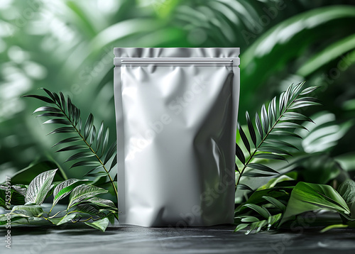 3d render of white plastic package mockup on tropical background.