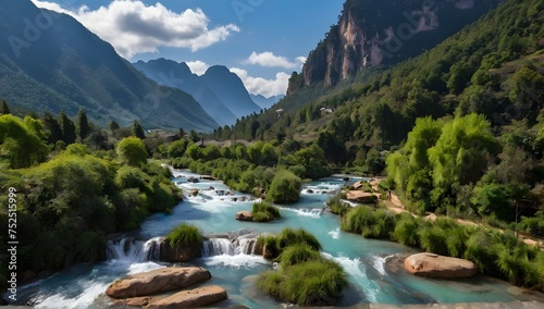 "Explore the breathtaking beauty of the famous Blue Mountains in Lijiang, where the vibrant blue hues of the mountains meet the lush greenery of the surrounding landscape."