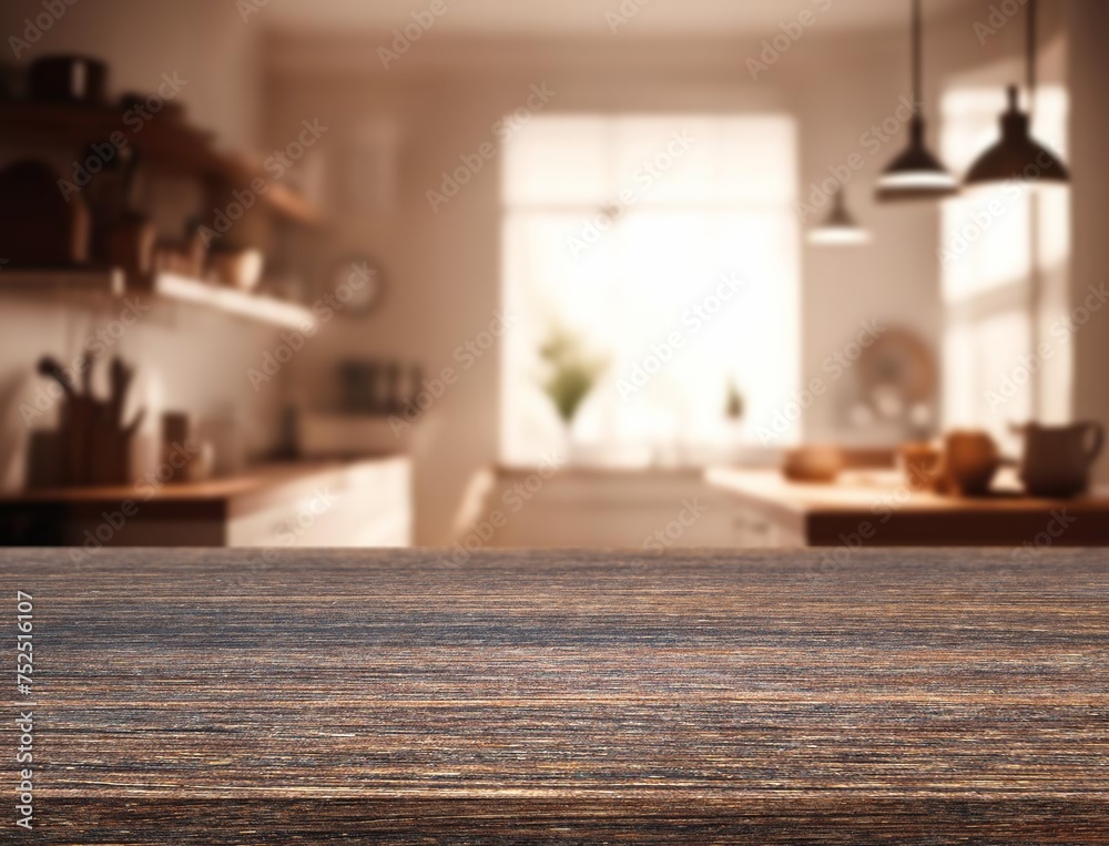 Empty wooden desk table in modern kitchen Empty wooden desk table in modern kitchen