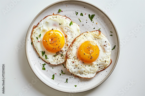two fried eggs on a plate on a white background, top view