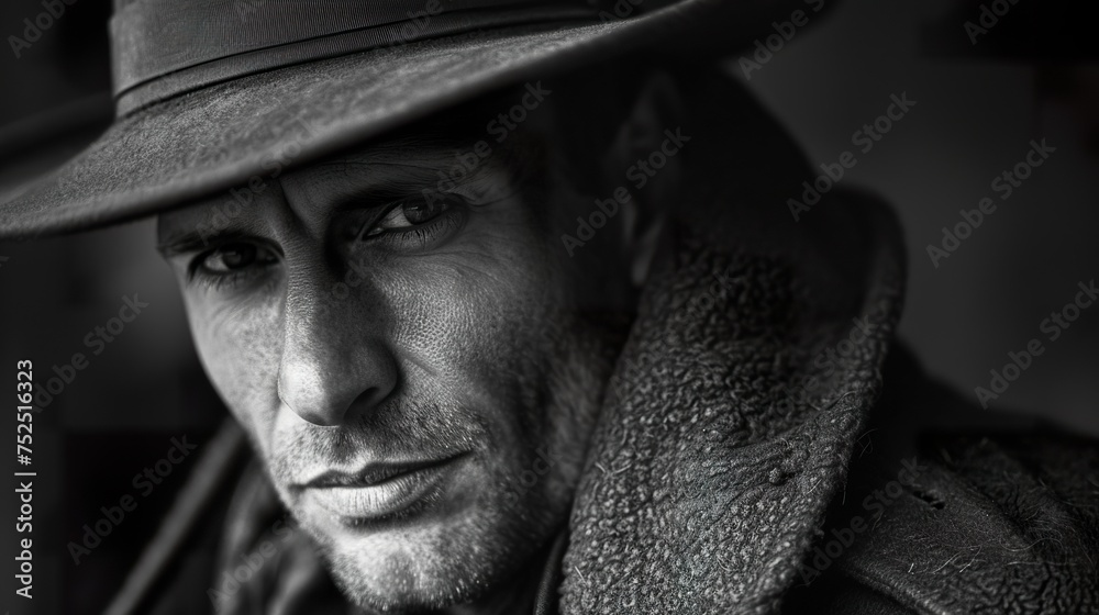 A man in a hat displays an intense look in an aura of mystery and determination. Man with a deep countenance of emotions and thoughts in a dark gray tone. A man in a hat displays an intense look in an aura of mystery and determination. Man with a deep countenance of emotions and thoughts in a dark gray tone.