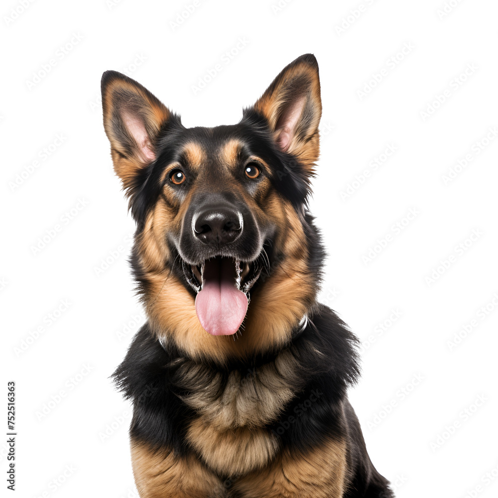 Close up portrait of a happy German Shepherd dog, Isolated on Transparent Background, PNG