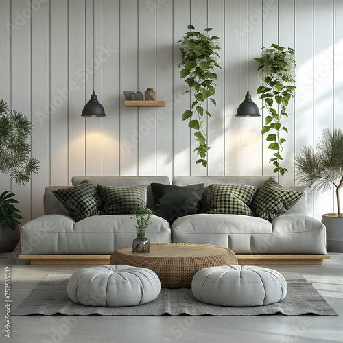 Interior design of modern apartment with bright sofa  table home plants and decoration. Interior mockup. Scandinavian interior design. Generative AI