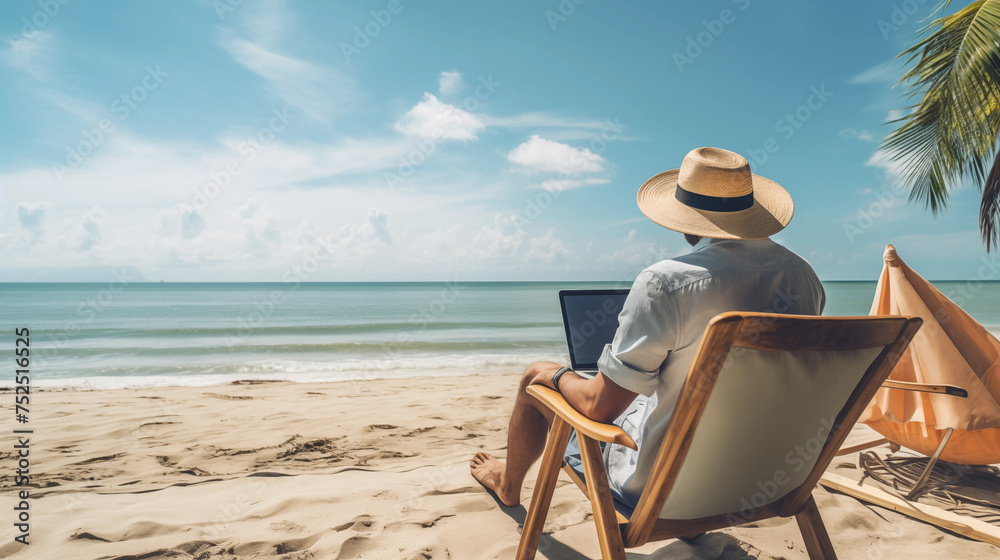 A male trader sits in a lounge chair on the seashore and buys shares on the stock exchange, and enjoys relaxing on a sunny day.