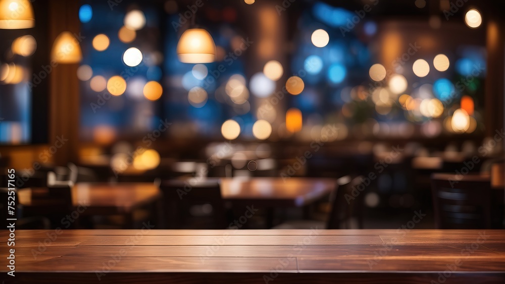 Empty dark wooden table in front of abstract blurred restaurant background