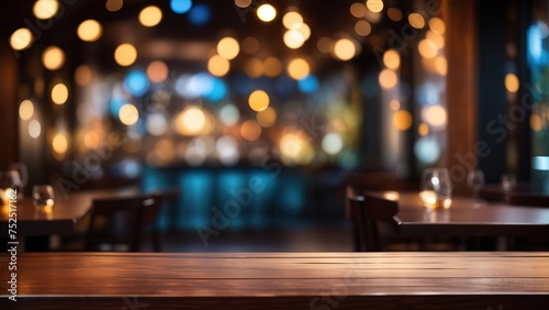 Empty dark wooden table in front of abstract blurred restaurant background © WrongWay