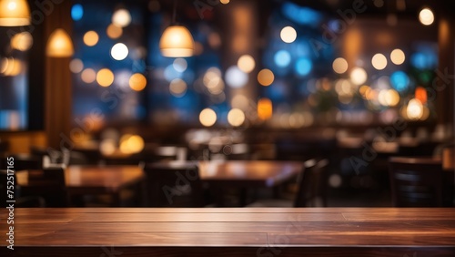 Empty dark wooden table in front of abstract blurred restaurant background