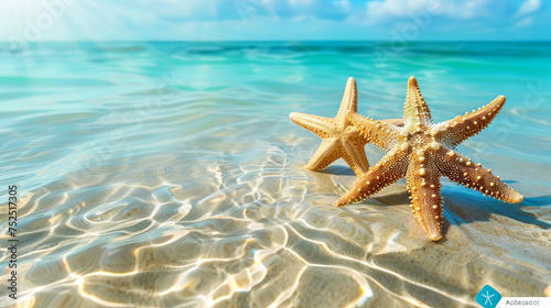 Two starfish on the shore of the turquoise ocean