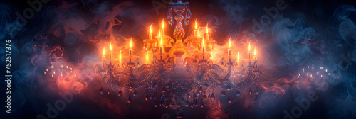Beautiful Ornate Dark Chandelier with Burning Candles, A digital art of a glowing star with a glowing background. 