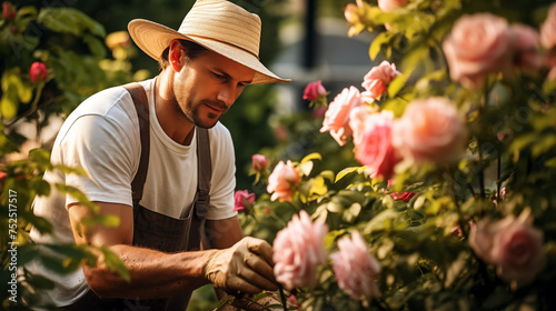A male gardener in a straw hat takes care of bushes of beautiful roses in a greenhouse