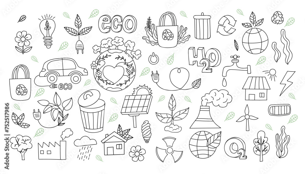 Ecology and ecological lifestyle. outline hand drawn set. No plastic, go green, Zero waste concepts, reduce, reuse, refuse, car and house, grocery bags solar battery. Isolated linear vector doodles