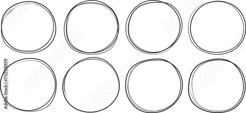 Hand drawn circle line sketch set. Vector circular scribble doodle round circles for message note mark design element. Pencil or pen graffiti bubble or ball draft illustration. Frame for textbox. 