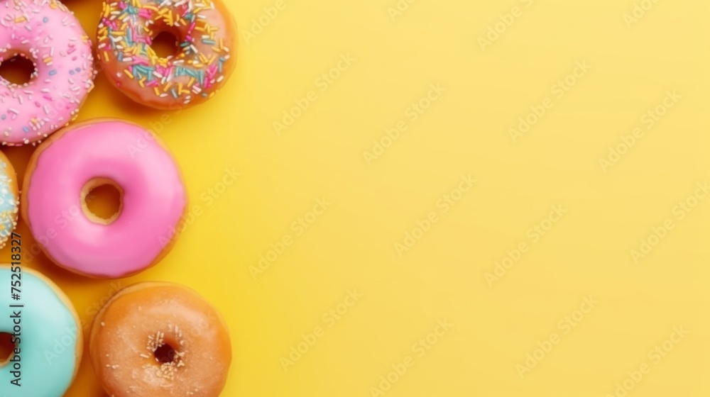 Donuts with top view and pastel color background. Negative space. Generative AI Donuts with top view and pastel color background. Negative space. Generative AI