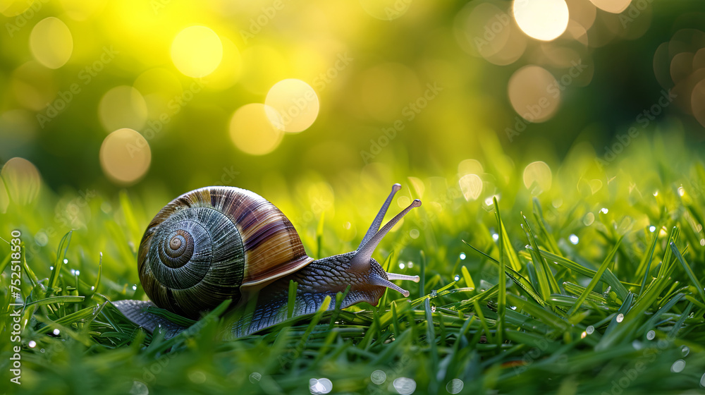 Cute little snail on the grass in the park on a blurred background with bokeh Cute little snail on the grass in the park on a blurred background with bokeh