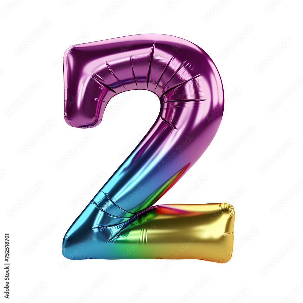 Rainbow metallic number 2 balloon Realistic 3D on white background. Generative AI Rainbow metallic number 2 balloon Realistic 3D on white background. Generative AI