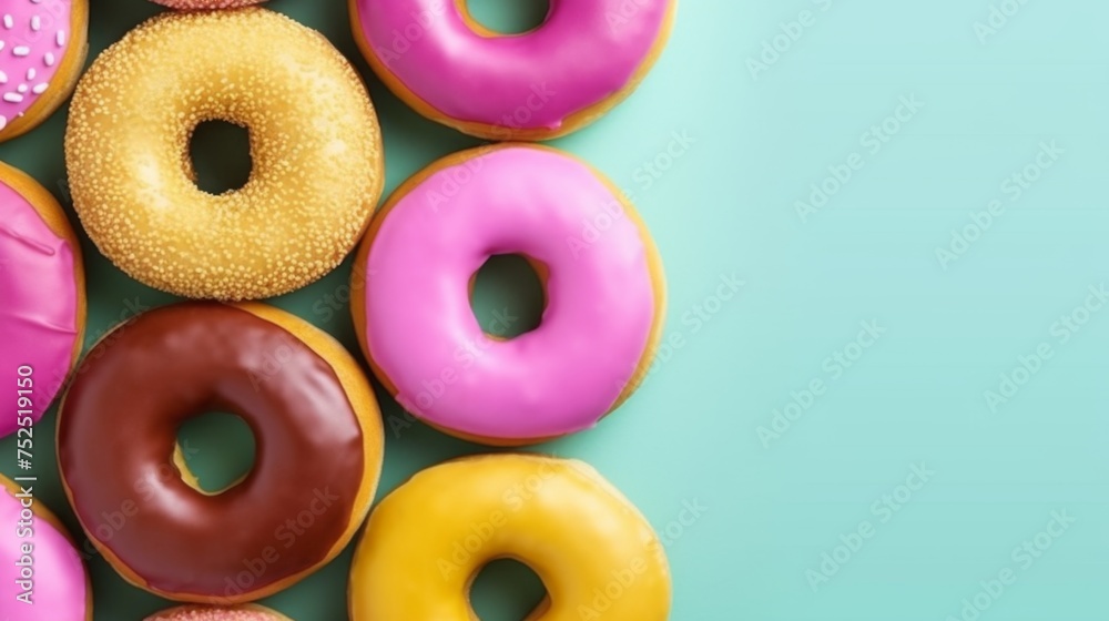 Donuts with top view and pastel color background. Negative space. Generative AI