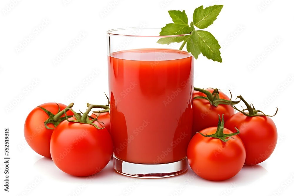 A glass of tomato juice with tomatoes on the side isolated on a white background